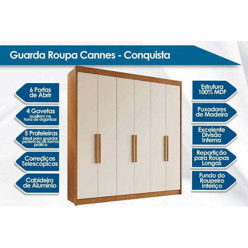 Guarda Roupa Casal 6 Portas e 4 Gavetas Cannes Cinamomo/Off White
